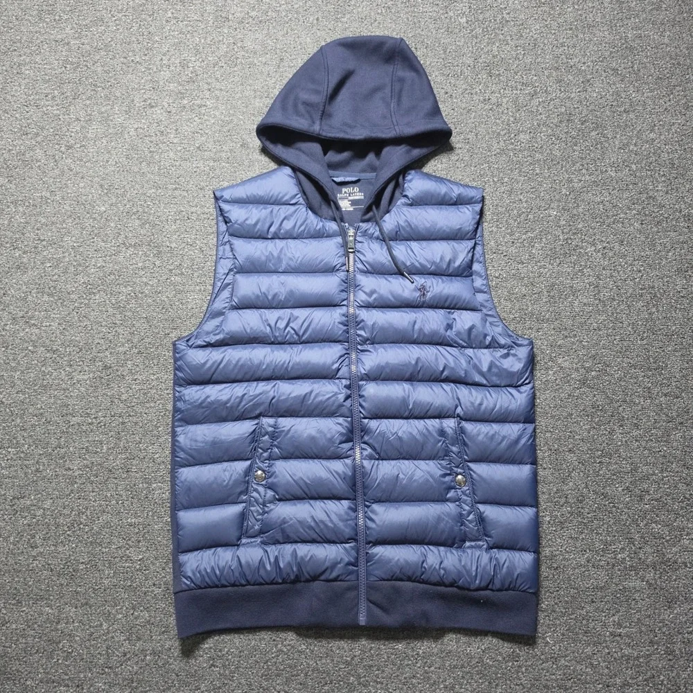 Polo Ralph Lauren‎ Down Vest Navy Blue Mens Small Performance Hybrid Hooded Pony